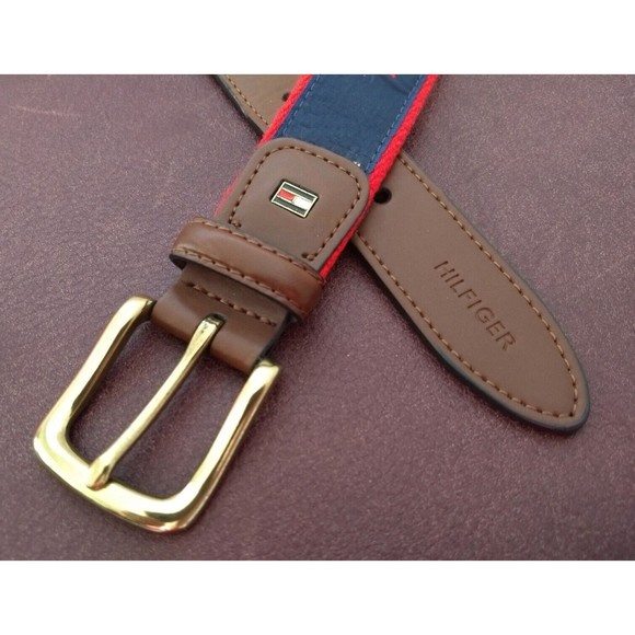 TOMMY HILFIGER Canvas Leather Belt Grosgrain Blue Nautical Ribbon Summer Size 32 - Picture 13 of 16